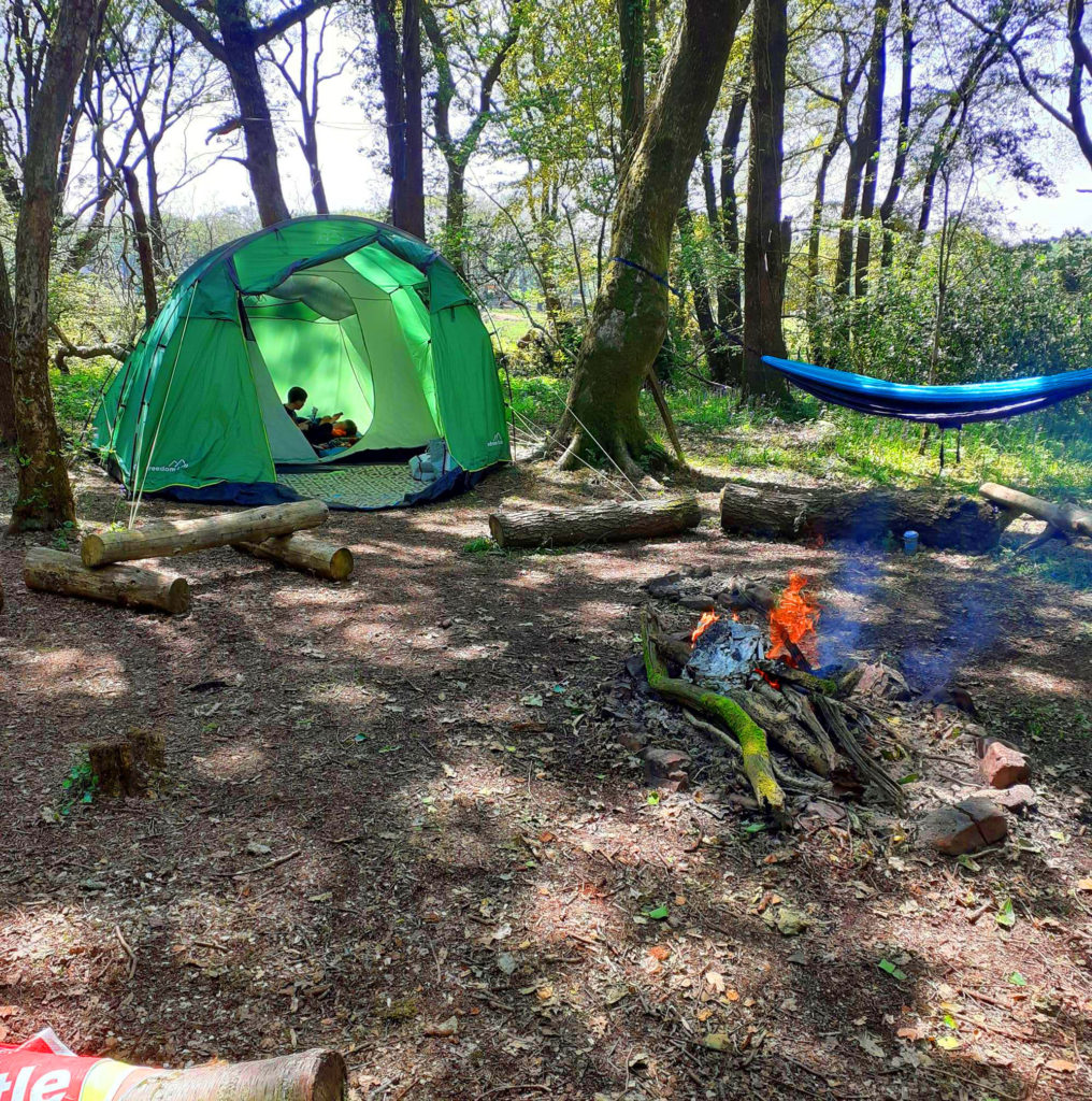 tent wild camping - campsite, hammock and open fire